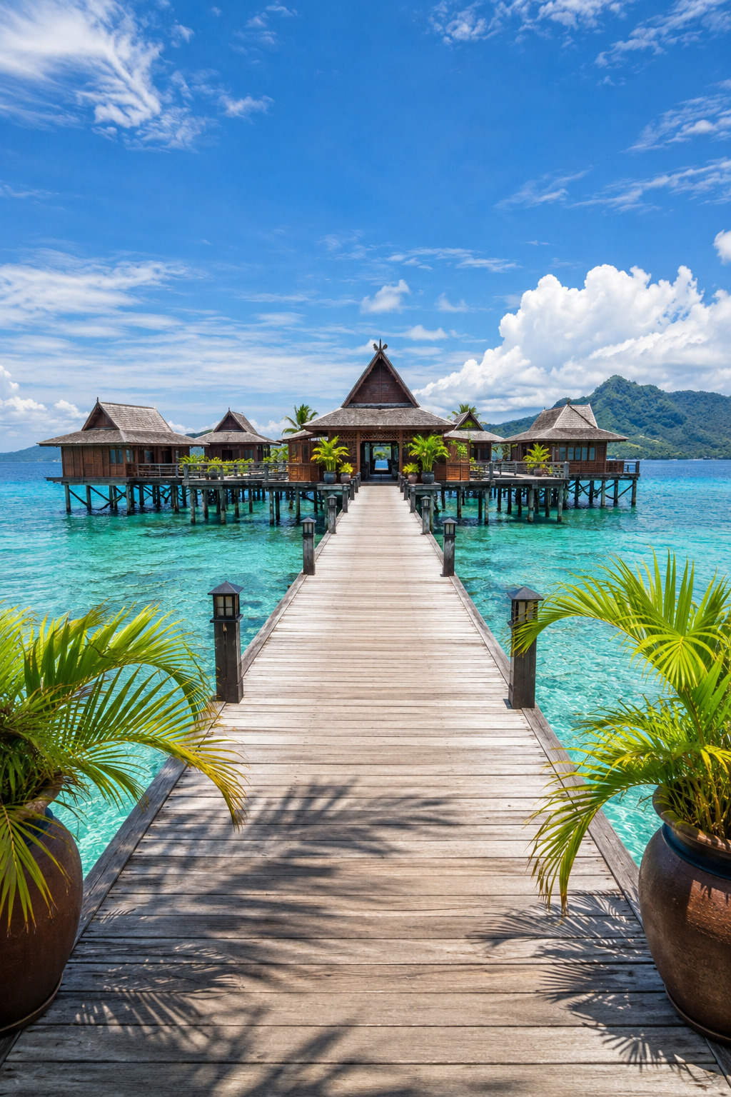 Bright floating resort with overwater chalets and a wooden walkway in Sabah, Malaysia